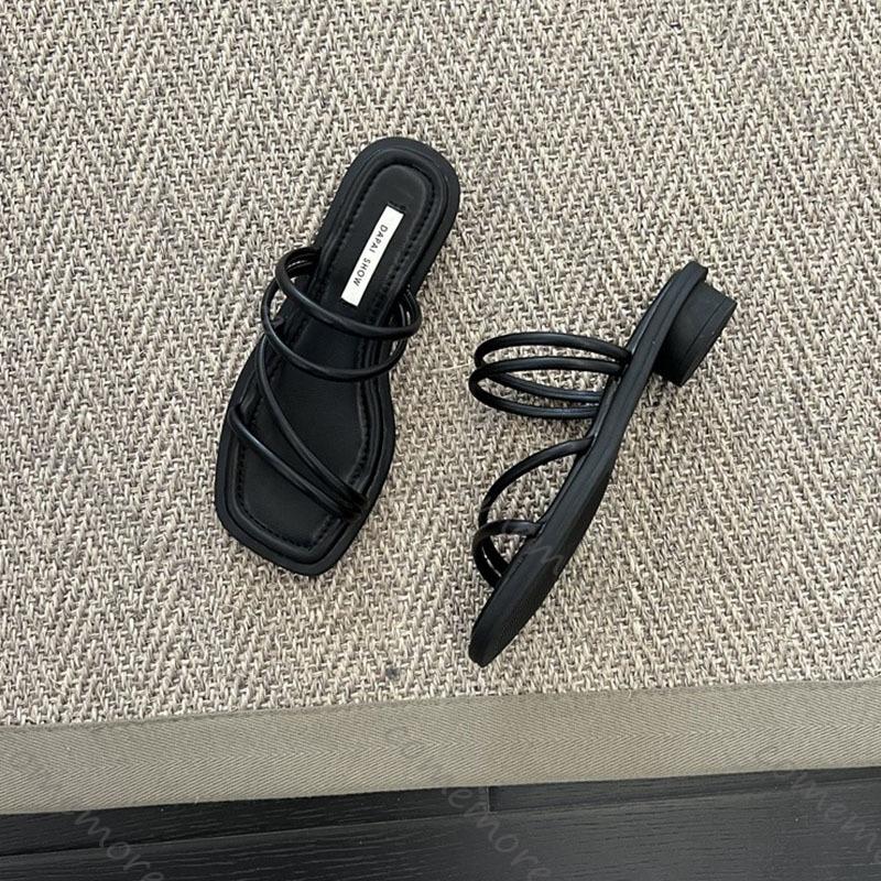 Comemore French Women Sandals Slippers Female Summer New Low Heeled Flip Flops Solid Casual Square Toe Beach Slippers