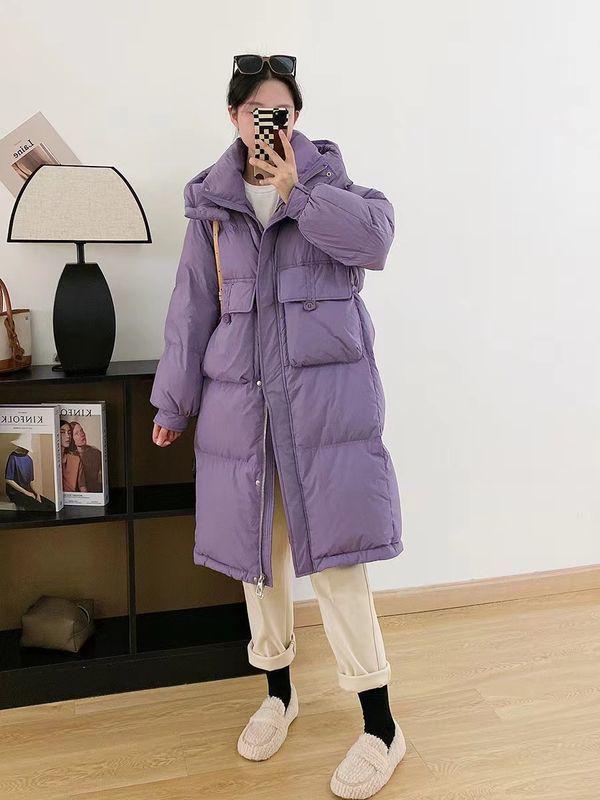 Damen Daunenjacke im koreanischen Stil, mittellang - mit Kapuze, tailliert, lockere Passform, überknielang, dicker Wintermantel.