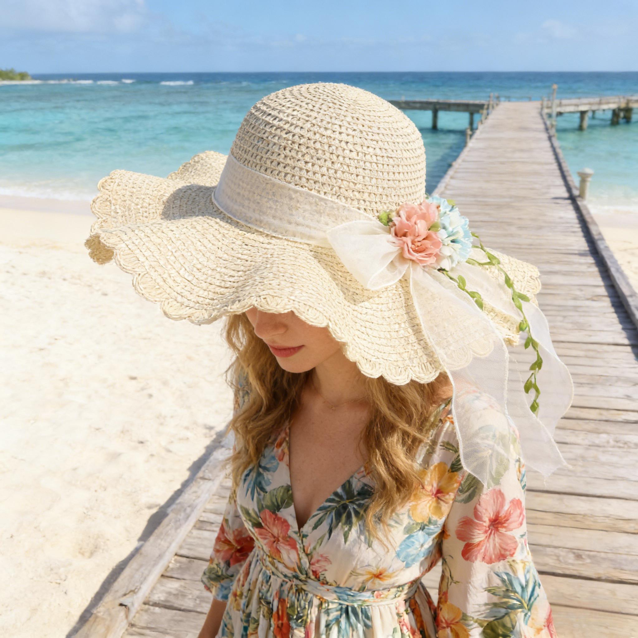 

Sweet Flower Straw Hat Big Brimmed Breathable Vacation Beach Cap Lace Sun Protection Woven Sun Cap Women One Size