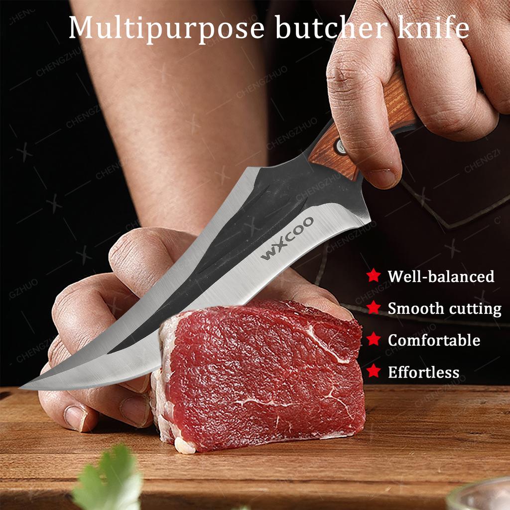 Professionelles Metzgermesser Geschmiedetes Ausbeinmesser Edelstahl Hackbeil Küchenchefmesser Fleisch Fisch Obst Messer mit Abdeckung