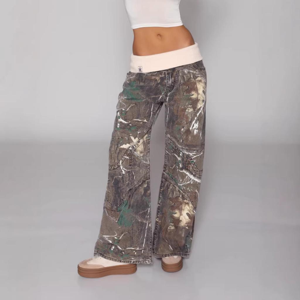 European and American cross-border retro y2k Spice Girls camouflage heavy industry splicing low-rise jeans women's straight-leg waist pants ins foreig