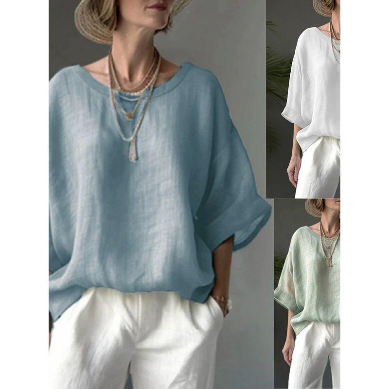 round-Neck Short-Sleeve Top Solid Comfortable Round Neck Drop Shoulder Sleeve Loose Plus Size Top Women