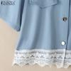 ZANZEA Women Casual Round Neck Summer Short Sleeve Lace Patchwork Blouse