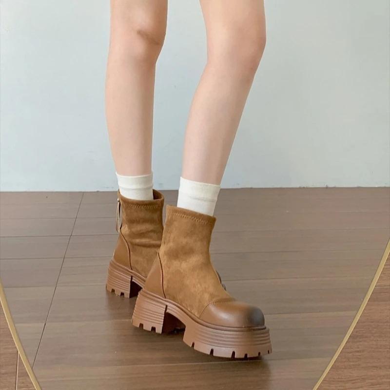 Vintage Platform Thick Sole Woman Ankle Boots Design Back Zippers Shoes Autumn Winter Slim Height Increase Short Botas