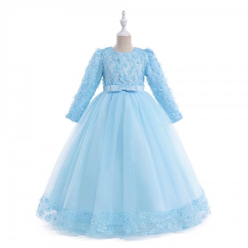 Girl Long Sleeve Dress Princess Party Gown Flower Performance