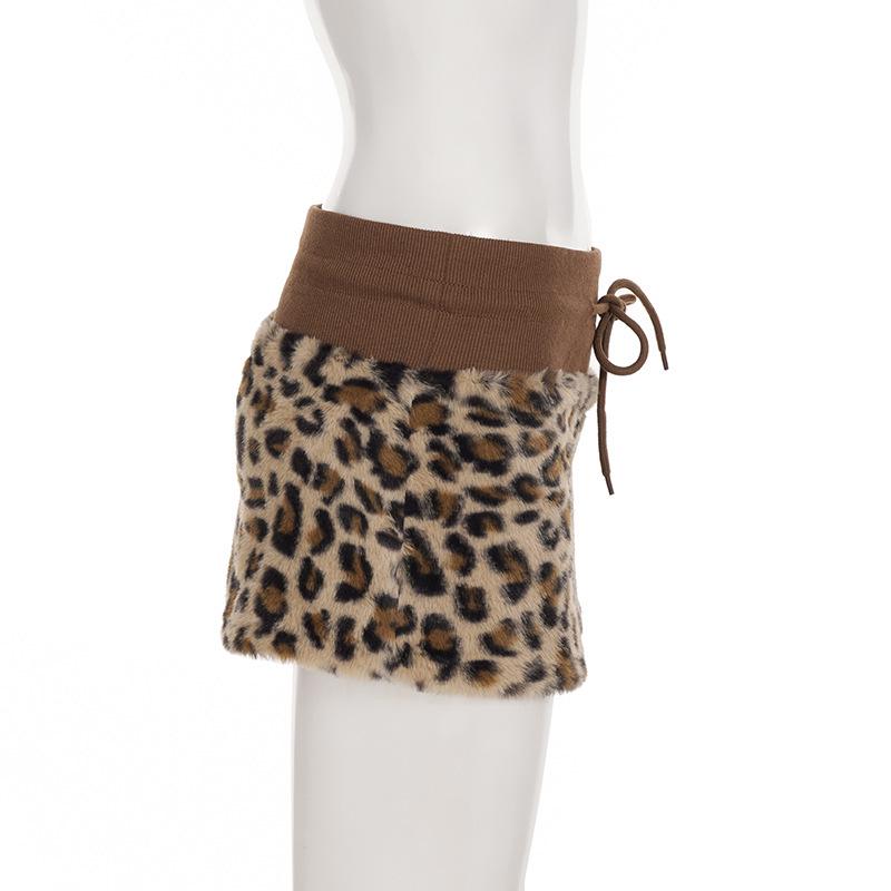 Y2K Leopard Patchwork Lace-Up Mini Skirt with Waistband