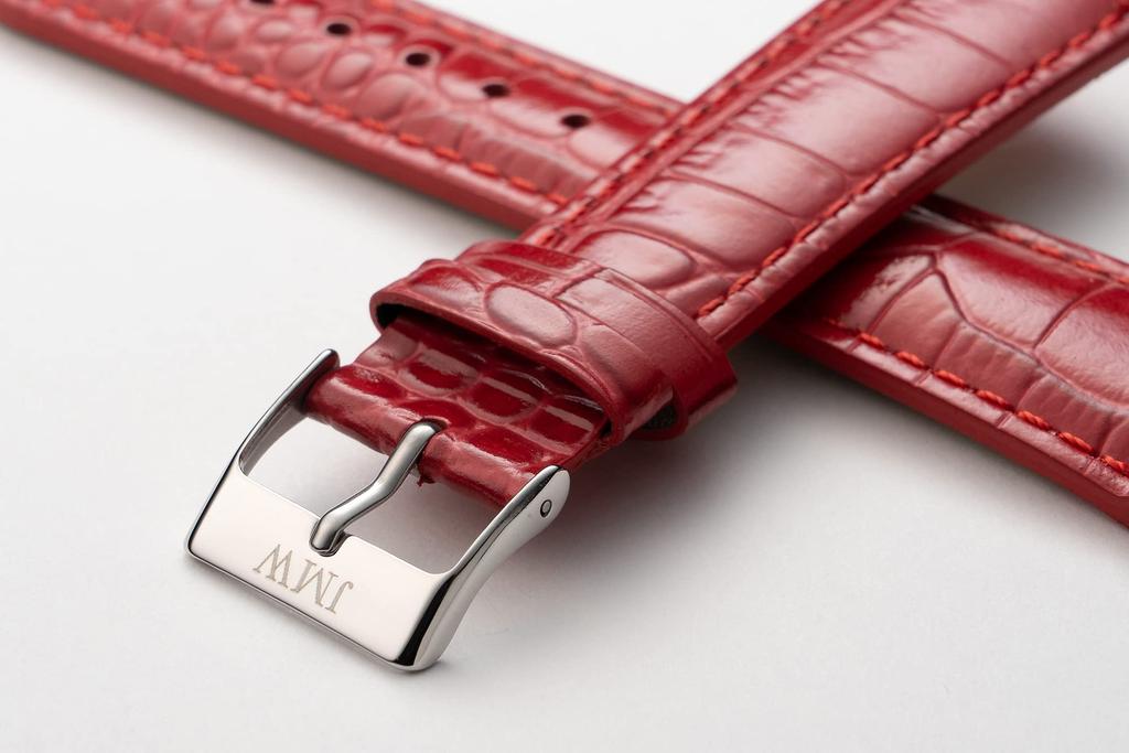 JMW TOKYO Men's Square-Shaped Watch Strap, 22mm Lug Width, Genuine Leather Replacement Strap, Red with Silver Buckle, Includes Tools, Spring Bars,