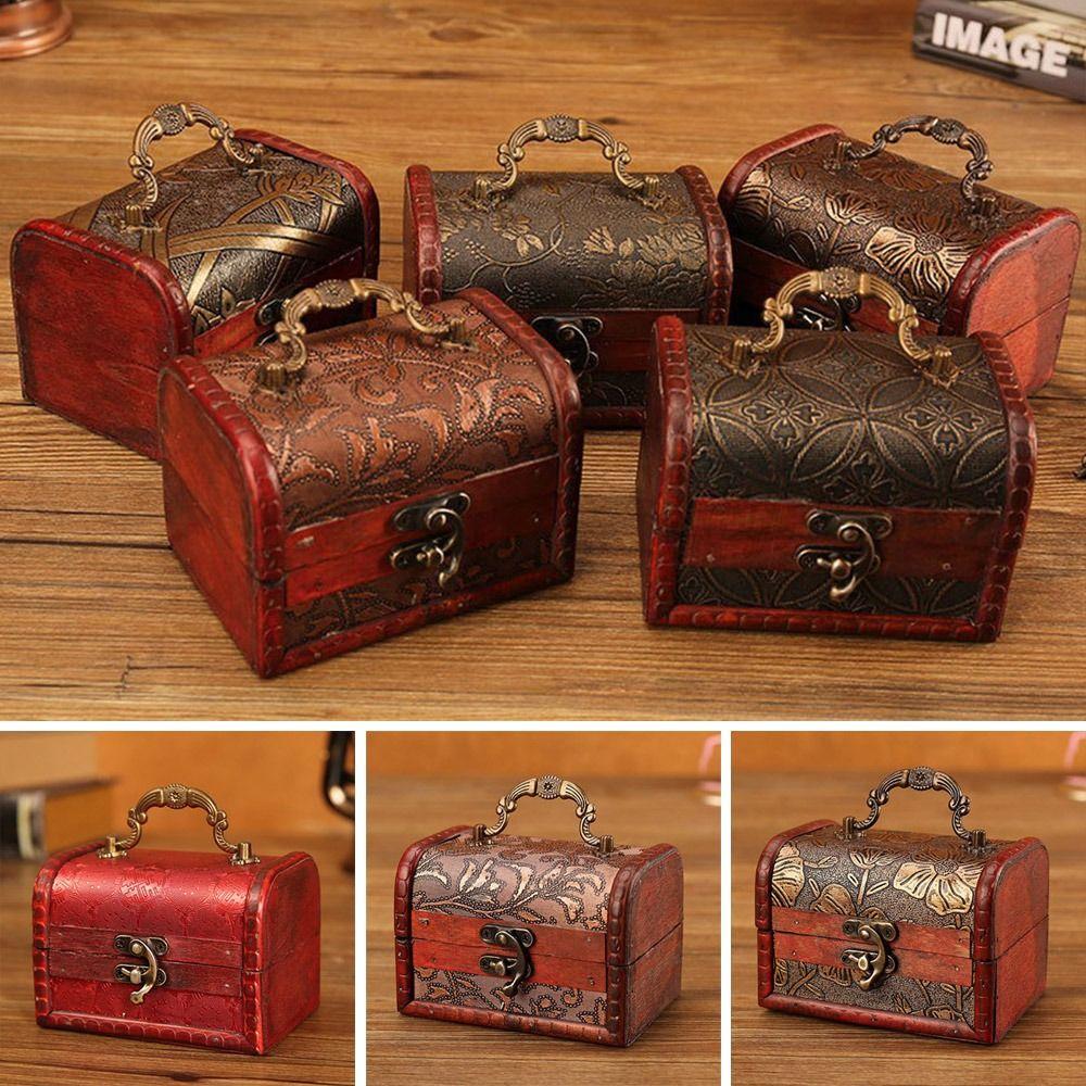 Vintage Treasure Chest Mini Trinket Box Portable Wooden Jewelry Box Cosmetics Organizer