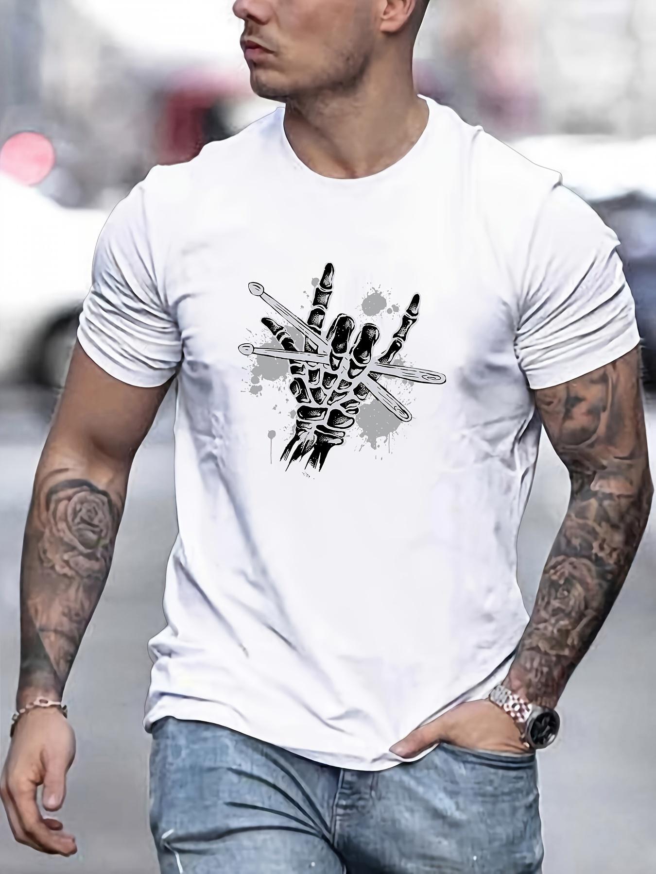 

2026 New Year Trend Hot Selling Drumstick and Skull Hand Pattern Printed Tshirt Mens Casual Short Sleeved Summer Tshirt S