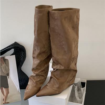 Mode 2025 Neues Herbst-Winter-Design Plissierte Keilabsätze Damen Kniehohe Stiefel Spitzschuh Lange Stiefeletten Mode Damenschuhe