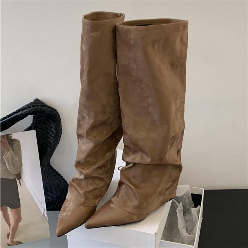 

Мода 2025 Новый Осенне-Зимний Дизайн Плиссированные Клиновидные Каблуки Женские Сапоги до Колена Остроносые Длинные Ботильоны Модная Женская Обувь 40