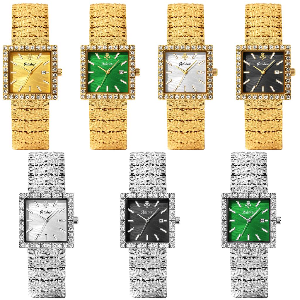 YaLaLuSi Bling Crystal Square Women Watch Gold Embossed Bracelet Date Dial Quartz Wrist Watch Luxury Gift Watch
