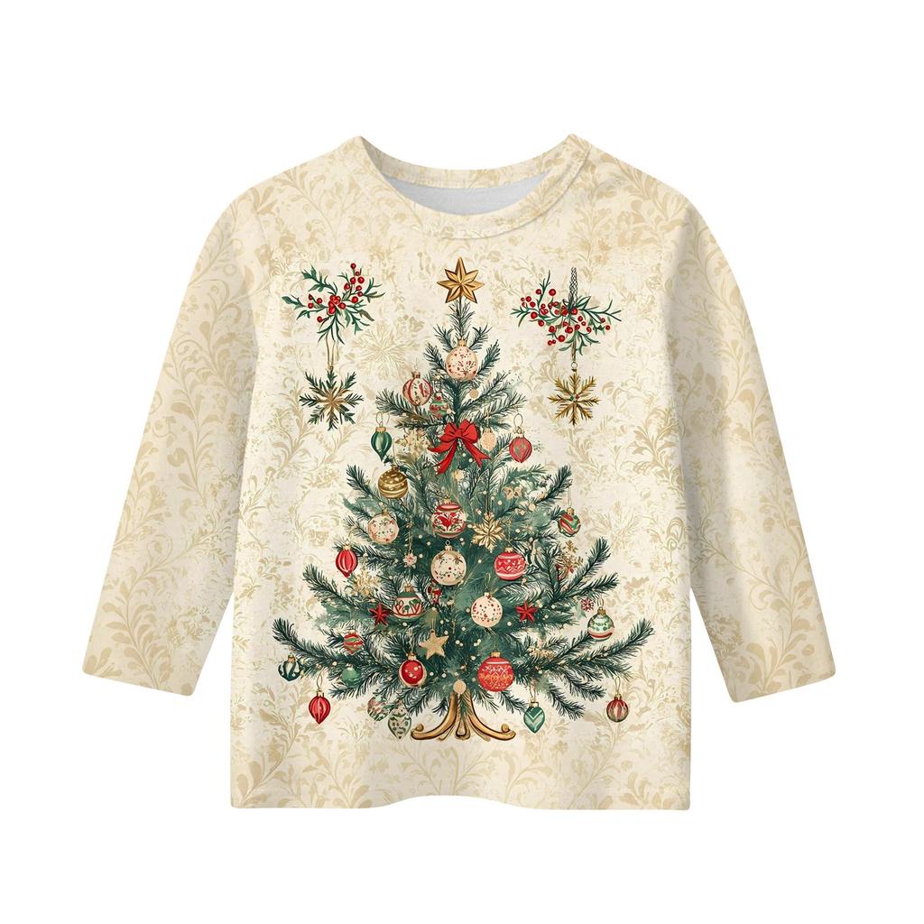 Children's 3/4 Sleeve Tops Casual Christmas Print T Shirt Round Neck Pullover Blouse