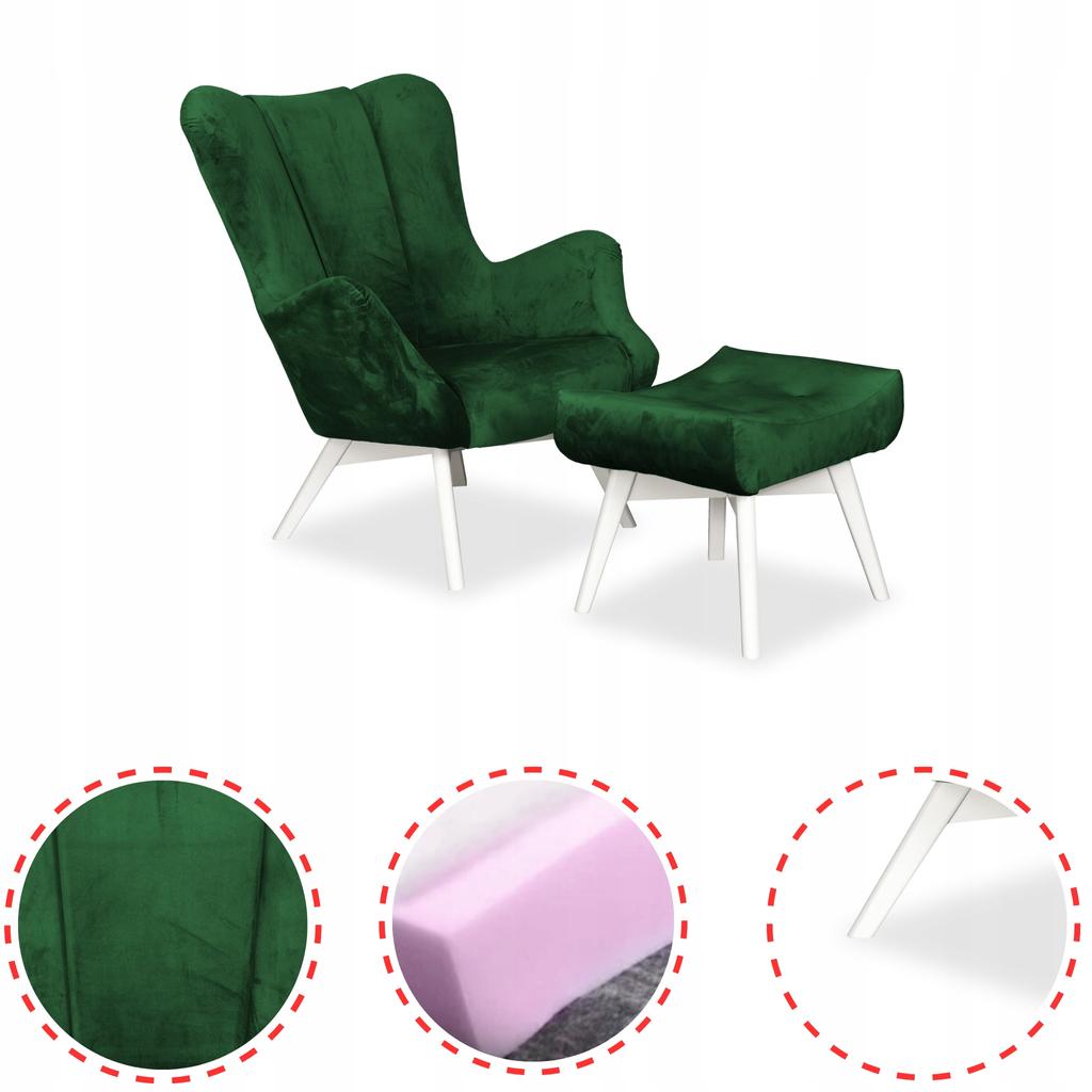 Fotel skandynawski Vika z podnóżkiem pufą profilowany Family Meble zielony