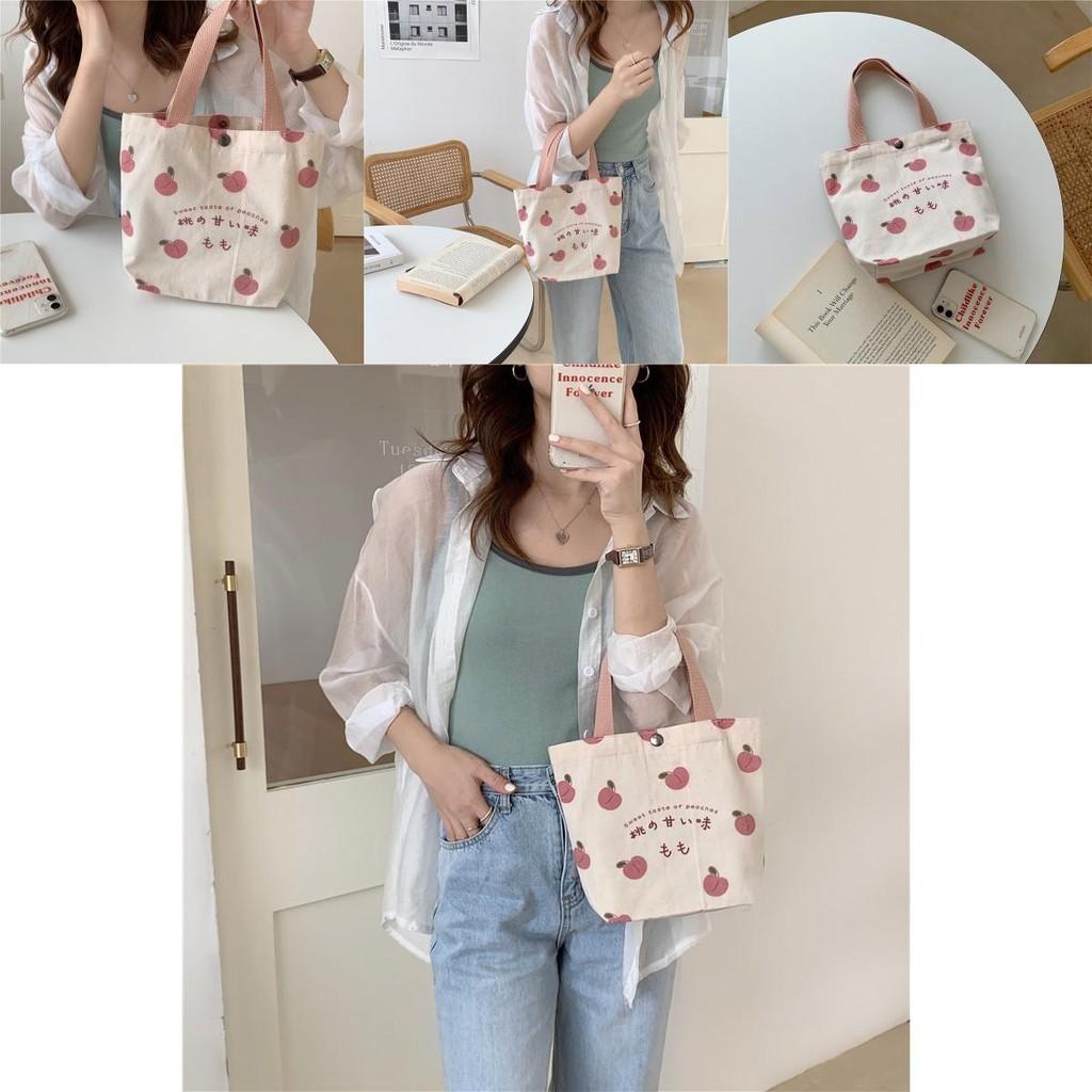 Cute Japanese Peach Canvas Handbag Fresh Sweet Mini Tote Bag With Magnetic Closure