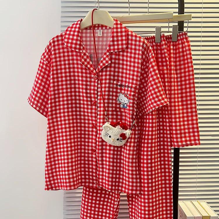 Women's Red Plaid Kitty Pajama Set - Short Sleeve & Shorts