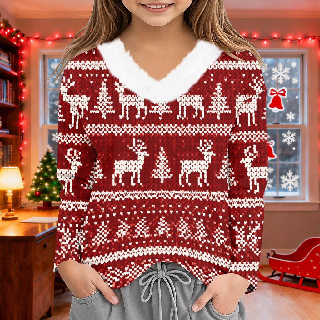 Girls Christmas Print V-Neck Casual Top for Winter