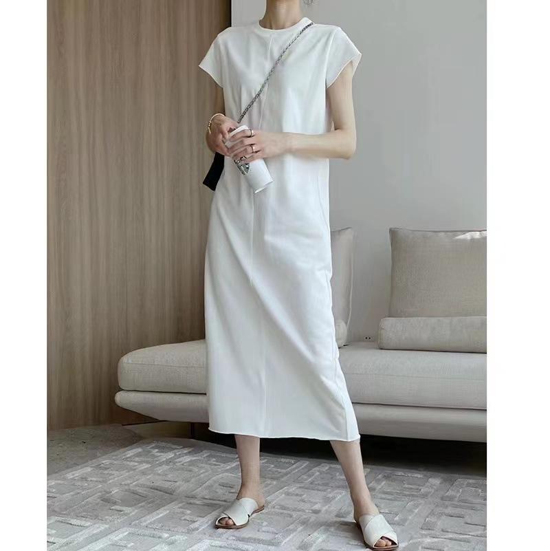 EADMO summer light luxury minimalist three-dimensional dividing line design sense rear split fork casual and thin long sweater dress