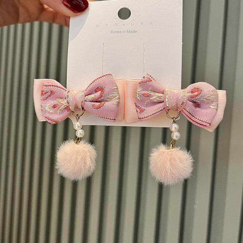 Red New Year Pearl Tassel Pompon Hair Clips for Children - Hanfu Style