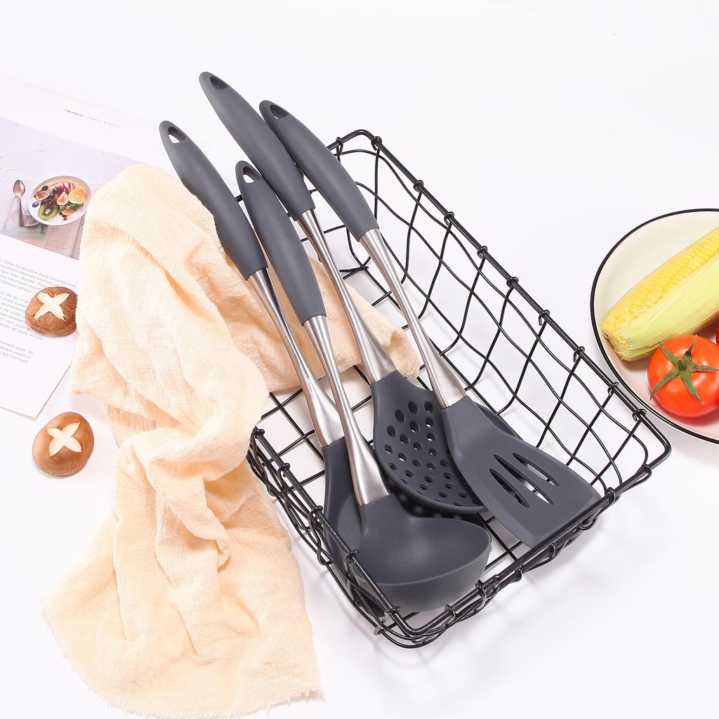 4pcs Kitchen Tools Silicone Kitchenware Gray Spatula Silicone Stainless Steel Handle Non-Stick Stir-Fry Spatula Spoon Set