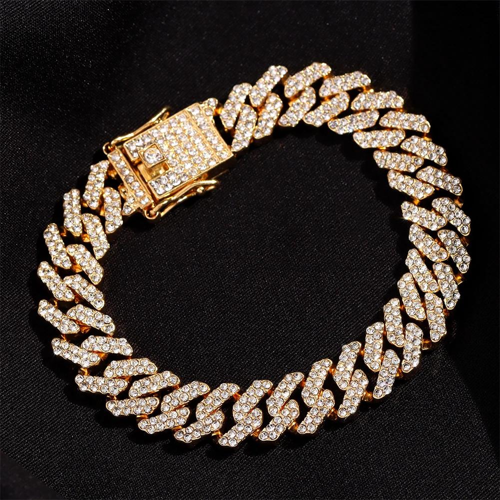 12MM Rhinestones Prong Iced Out Cuban Link Chain Hip Hop Bracelet Men Women Gold Color Bling Cuban Bracelet Jewelry A+