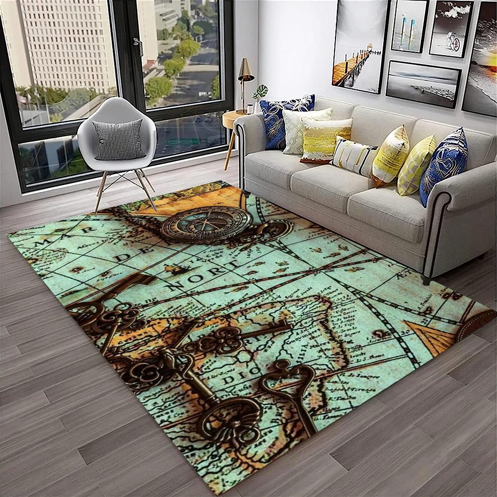 Retro Kompas Navigační Mapa Koberec pro Domácí Obývací Pokoj Ložnici Pohovku Rohožka Dekorace, Koberec do Dětského Hracího Koutku Protiskluzová Podlahová Rohožka