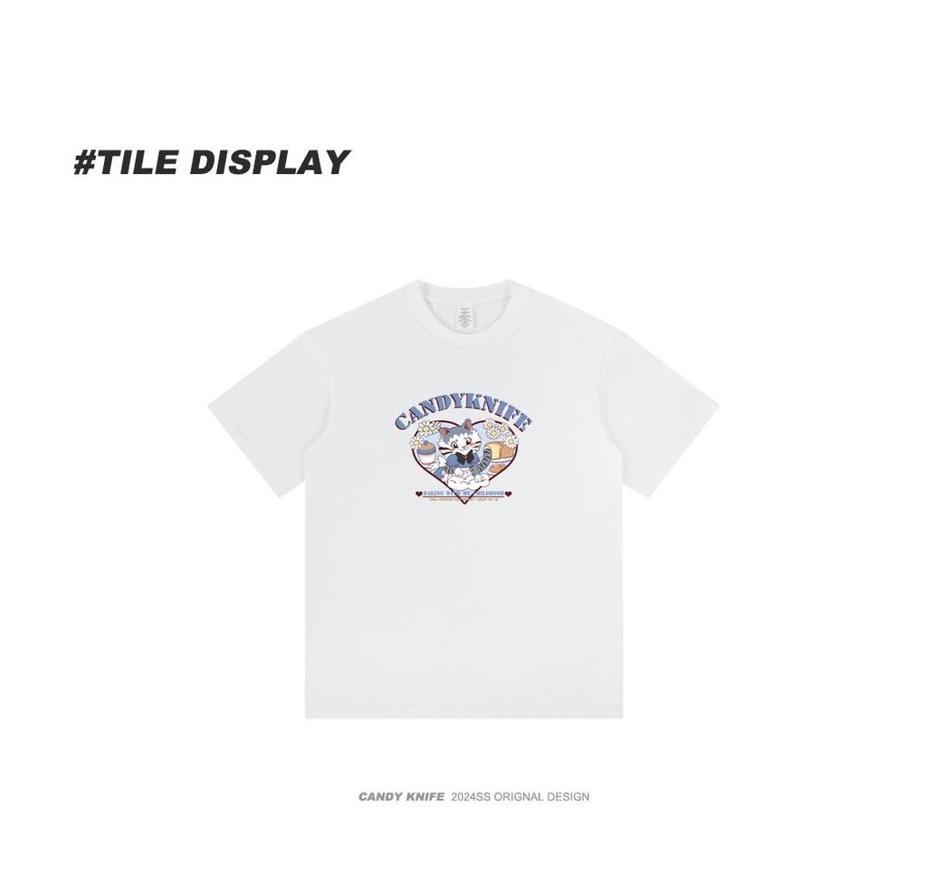 Lazy Style Pure Cotton Cute Kitten Short Sleeve Casual T-Shirt for Summer