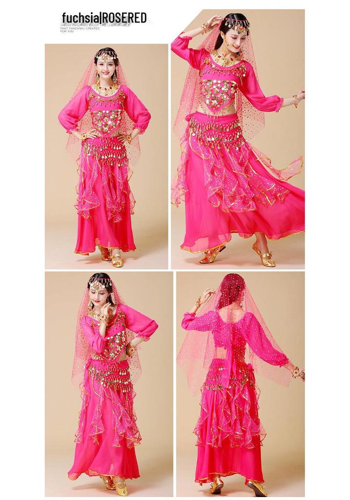 Women's Long Sleeve Indian Belly Dance Performance Costume with Short Sleeve Long Skirt