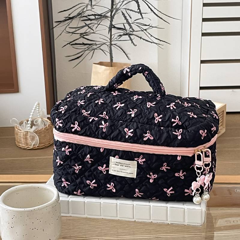 Minimalist Fabric Makeup Bag With Wrinkle Bows For Travel And Daily Use