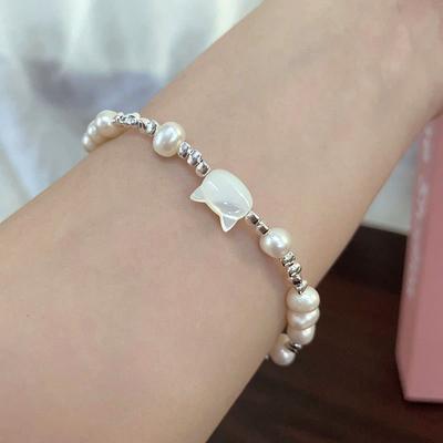 S925 Sterling Silver Freshwater Pearl Cat White Fritillarian Bracelet Girl