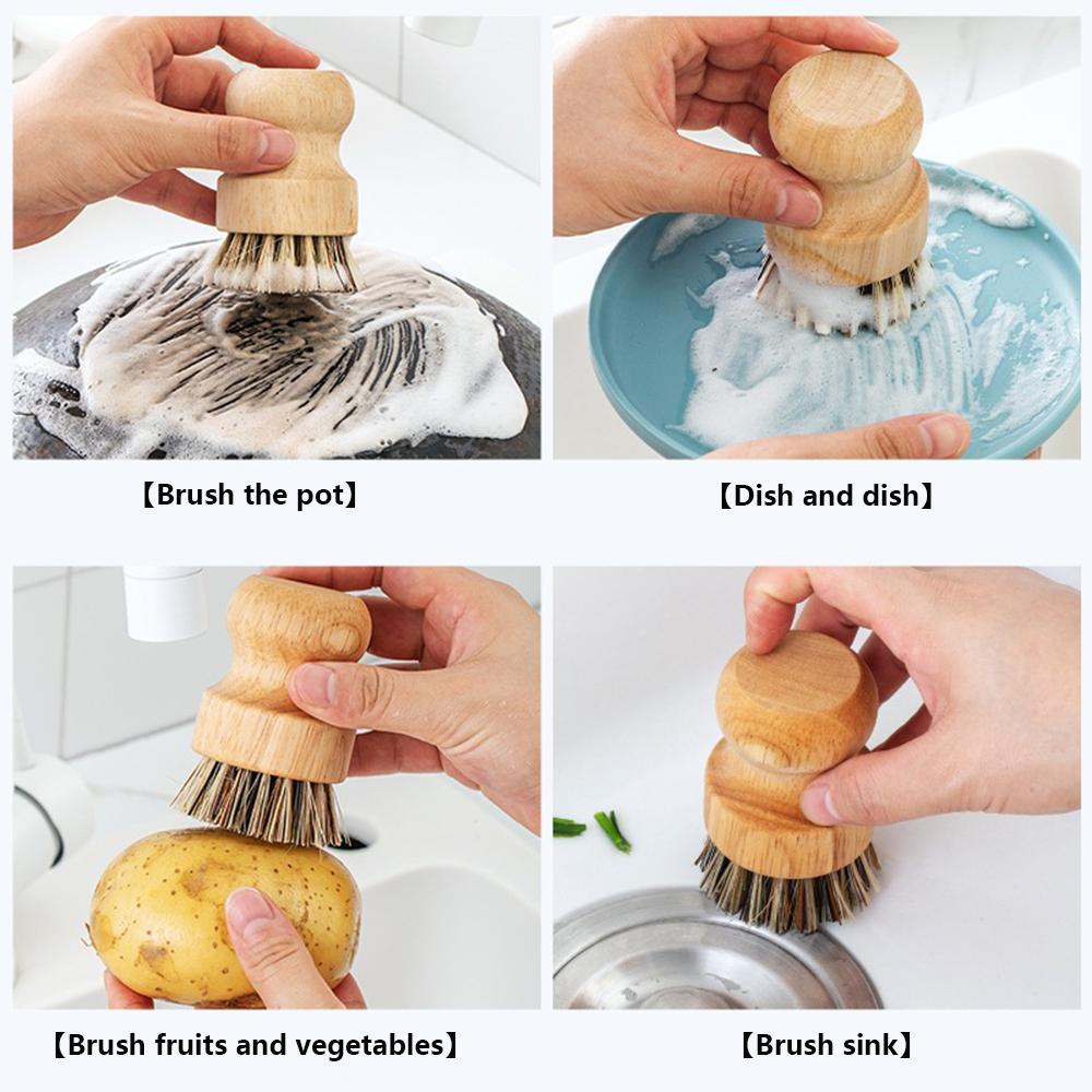 Natural Wooden Dish Scrubber Brush for Kitchen Cleaning Sisal Coconut Fiber Lightweight Short Handle Household Scrub Brush