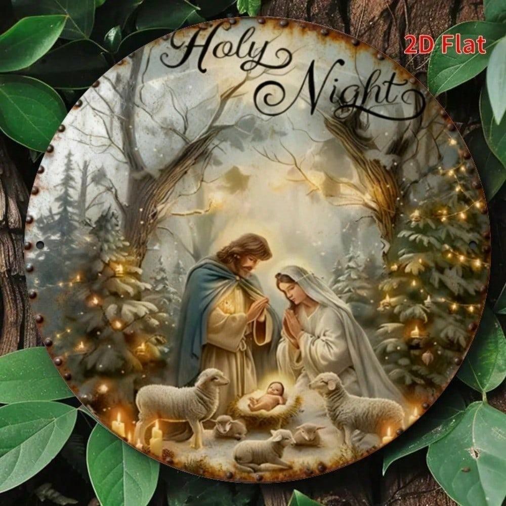 Vintage Catholic Nativity Scene Tin Sign 8 Inch Religious Wall Art Aluminum Metal Decor Indoor Outdoor Home Christmas Round
