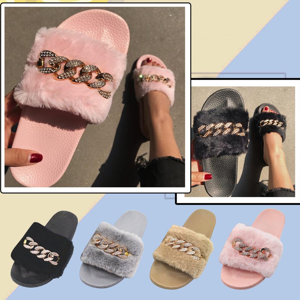 Fashion Beach Women'S Flat Chain Crystal Sandals Slippers Shoes Plush Bear Slippers For Women Foldable Slippers For Women