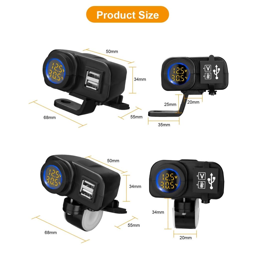 Nabíječka telefonu na motorku Digitální displej 36W QC3.0 Duální USB Rychlá nabíječka Adaptér voltmetru a teploměru pro mobilní telefon