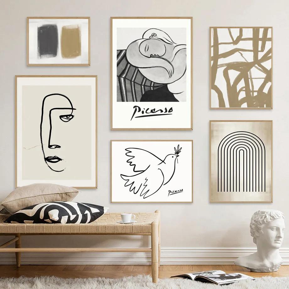 Picasso Line Woman Face Bird Beige Black Wall Art Canvas Painting Geometry Posters And Prints Wall Pictures Living Room Decor