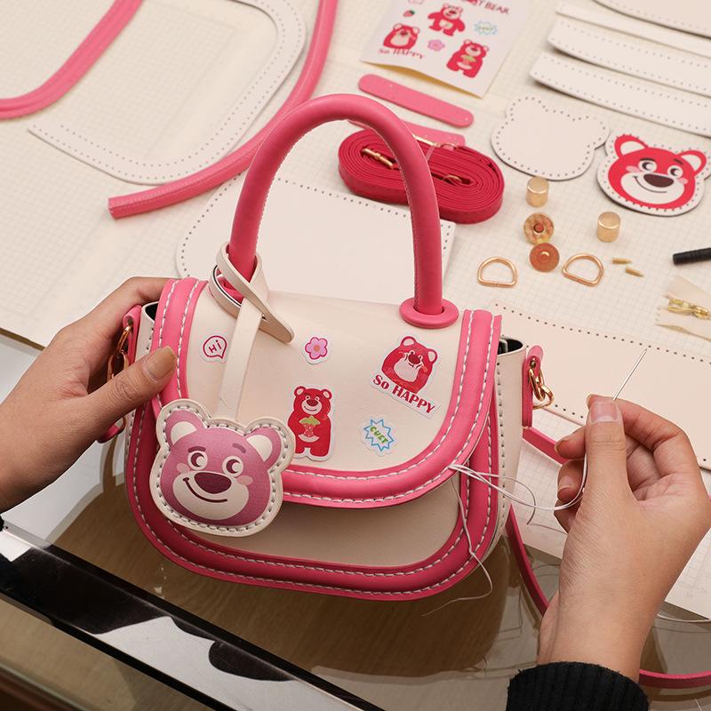 Strawberry bear DIY handmade woven bag cute cartoon material bag saddle portable messenger bag for girlfriend gift