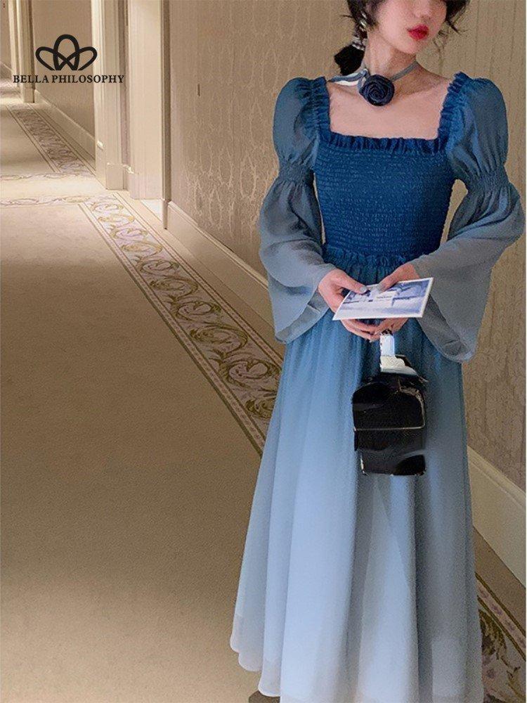 French Vintage Midi Dress Women Long Sleeve Casual Party Elegant Dress Blue Spring Beach One Piece Dress Korean Fashion