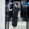 Feeling retro new Chinese style improved cheongsam women's summer black split-ended hip skirt national style fringed disc buckle dress