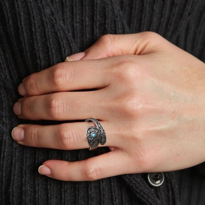 A52E Blue Moonstone Statement Ring Flexible Band Spoon Polished Alloy Jewelry CN