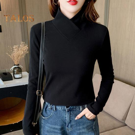 Damen-Oberteile, halbhoher Kragen, lange Ärmel, schmale Passform, weiche, dehnbare Pullover-Oberteile, einfarbiges Hemd mit einzigartigem Ausschnitt
