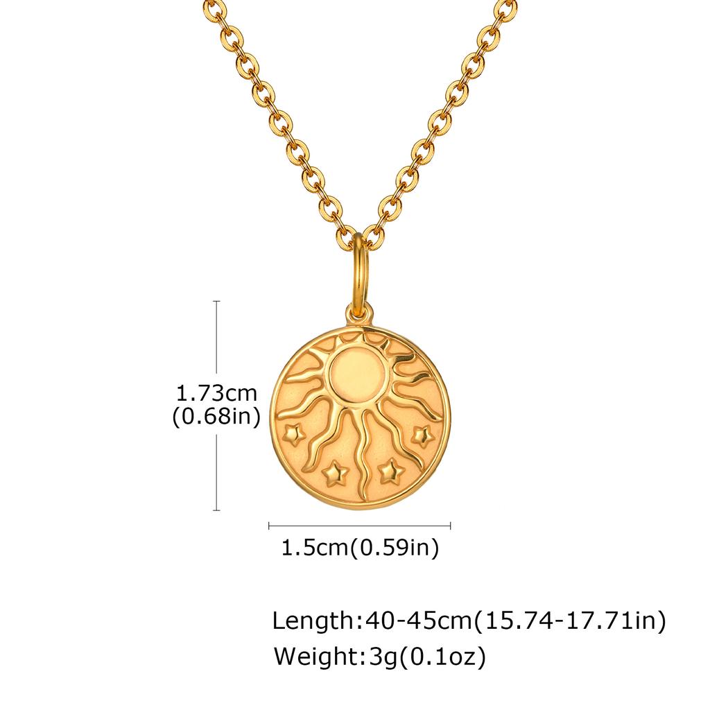 Dainty Sunburst Coin Pendant Necklace, Stainless Steel 18K PVD Gold Plated Waterproof Tarnish Free Celestial Layering Jewelry