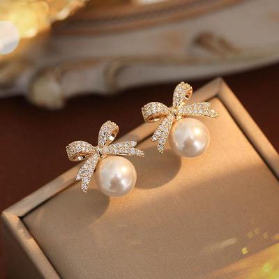 Sweet Korean High-End Bow & Pearl Earrings