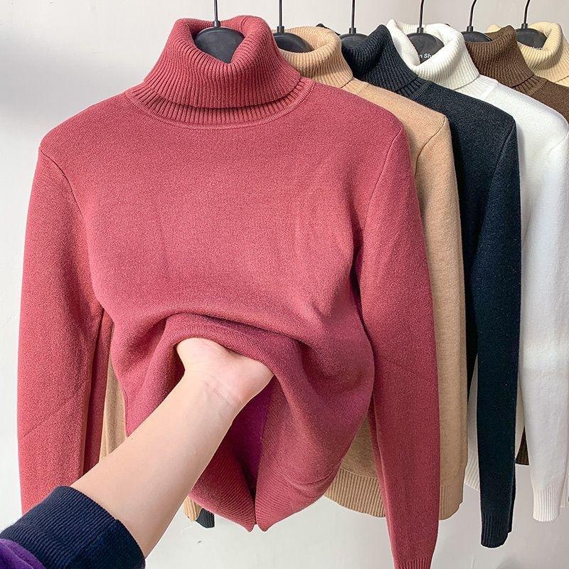 Autumn Casual Long Sleeve Plush Turtleneck Women's Sweater Winter Thick Warm Velvet Base Pullover Women Sweaters Vintage Fashion Slim Knitwears 25210