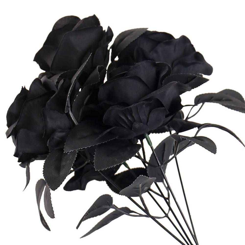 3pcs Black Rose Bouquet For Halloween Decor Set Spooky Mood Artificial Flowers Black Rose Halloween Decor Haunted Houses