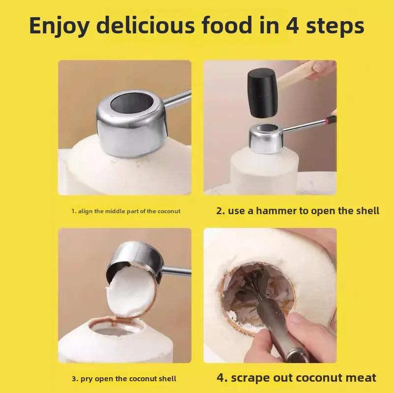 Stainless steel coconut opener 3-piece set,rubber hammer and scraper,easy to use,coconut chicken,coconut ice cream,coconut juice