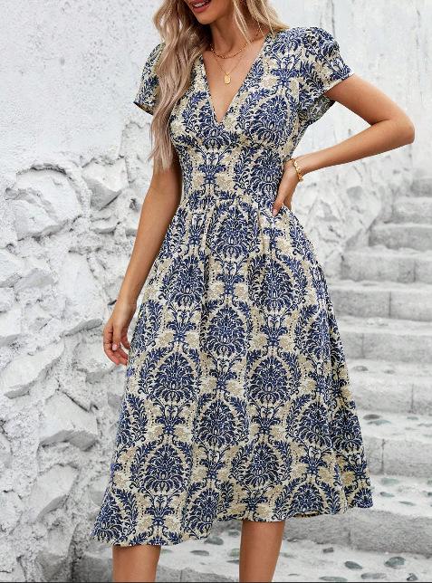 Summer New V-neck Slim Dress, European and American V-neck Short-sleeved High-waisted A-word Medium and Long Vacation Dress
