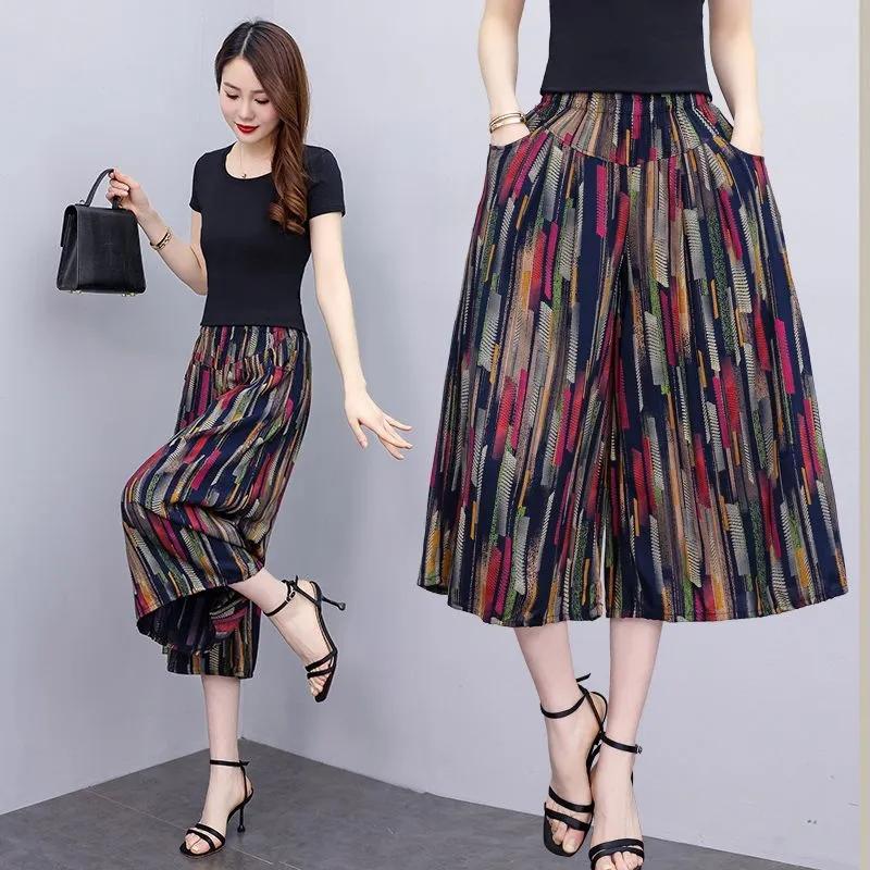 Summer Wide Leg Pants Women Ethnic Style Elastic High Waist Print Pants Female Casual Summer Calf-Length Pants Skirts