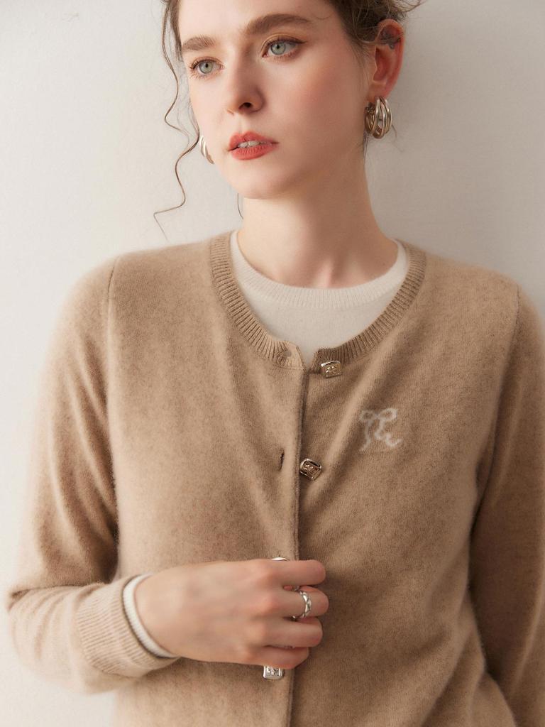 2025 Elegant Cashmere Jacquard Knit Round Neck Cardigan - Versatile Wool Women's Top