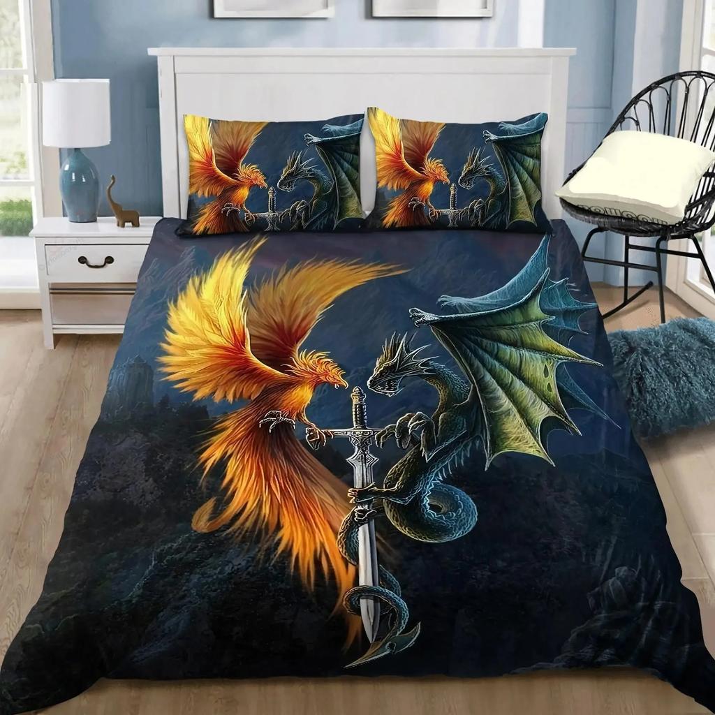 Dragon and Phoenix Duvet Cover Set Full Queen Size, Fantasy World Monster Gothic Bedding Sets Bohemian Mandala Comforter Cover