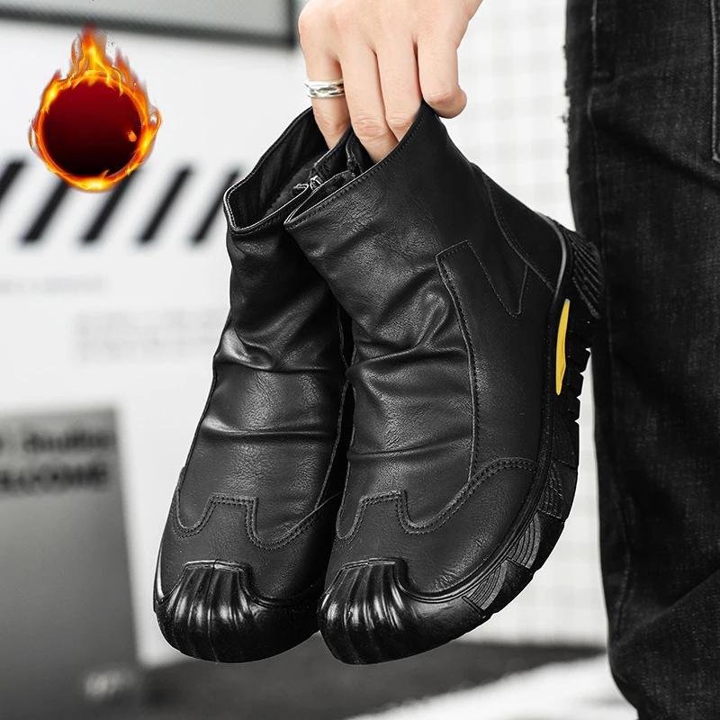 Fashion Men's Boots High Cut Workwear Men Shoes Autumn 2025 Flats Zipper Pleated Non Slip Comfort Thick Soled Wear-resistant Boots Men